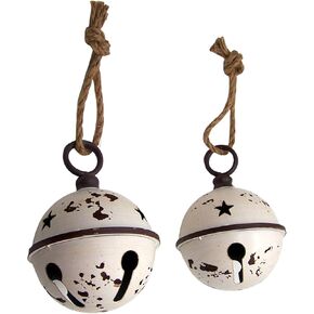 Rustic White Round Christmas Bells, Hanging Holiday Decoration, Set of Two, 6 Inches