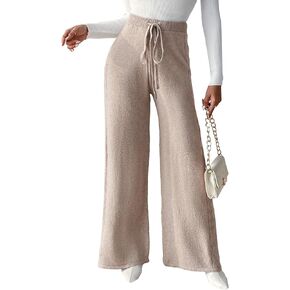 Floerns Women's Drawstring High Waist Solid Knit Pants Wide Leg Casual Long Trousers