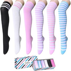 Striped Thigh High Socks - Knee High Socks for Women Teen Girls, Long Socks Over the Knee Socks Striped Socks School Socks 6 Pack