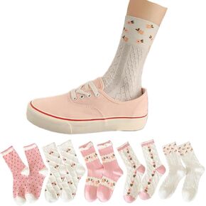 Flower Socks Women Japanese Style Floral Cotton 5 Pairs Cute Preppy High Ankle Fresh Style Sock