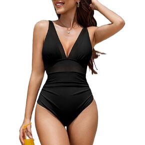 AI'MAGE Women One Piece Swimsuit Tummy Control Bathing Suit Sexy Mesh V Neck Swimwear 2025