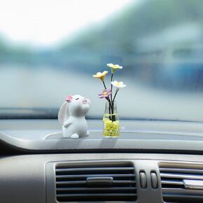 Set of 3 Cute Mini Bunny and Daisy Flower Vase Car Dashboard Decoration, Adorable Car Rearview Mirror Charm Ornaments, Car Interior Decoration Ornament Accessories for Women Funny Presents