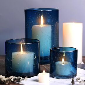 Hurricane Candle Holder Set of 3 Clear Candle Holders for Pillar Candles, Seeded Bubbles Glass Candle Holder for table centerpiece, Glass Cylinder Vases for Home, Patio and Wedding 8"4.7"3.5"H