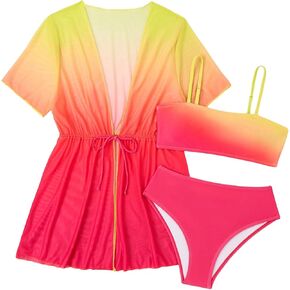 OYOANGLE Girl's 3 Piece Bikini Sets Ombre High Waist Bikini Bathing Suit with Kimono Swimwear
