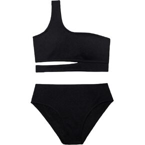 SHENHE Girl's 2 Piece One Shoulder High Waisted Cut Out Bikini Swimsuit Bathing Suit