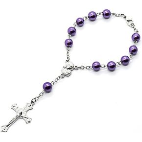 Catholic Purple Rosary Bead Bracelet Virgin Mary Cross Rosary Bead Bracelet for Car Hanging Baptism