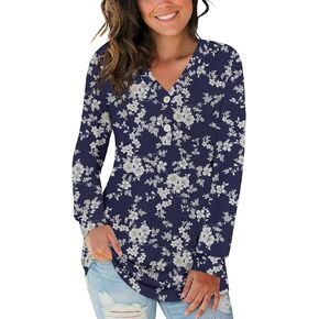 BISHUIGE Womens Button T-Shirts Long Sleeve Henley Tunic Tops V-Neck Casual Sweatshirt