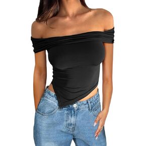 Off Shoulder Tops Women: Asymmetrical Going Out Short Sleeve Crop Top Shirts Y2k Summer 2025 Cute Slim Fit Clothes
