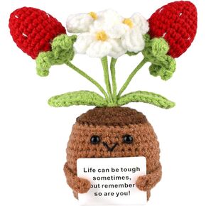 TOYMIS Positive Strawberry Crochet Potted Plants, Knitted Potted Plant Cute Positive Crochet Potted Plants with Encouraging Card Positive Strawberry Doll Crochet Gifts for Friend Office Desktop Decor