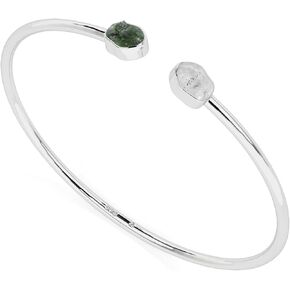 Natural Rough Herkimer and Moldavite 2 Stone Adjustable Twister Bangle Bracelet for Women in Sterling Silver, Birthstone Jewelry Gifts for Her Birthday, Anniversary, Graduation