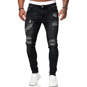 HUNGSON Men's Blue Slim Fit Jeans Stretch Destroyed Ripped Skinny Jeans Side Striped Denim Pants