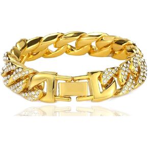 Hip Hop Plated 18K Gold Large Cuban Chain Bracelet Crystal Link Bracelet,9.0" Wrist