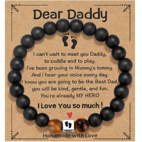 Kvekstio First Time Dad Bracelet - Tiger Eye Black Bracelet with Footprint Charm Gift for New Dad, Dear Daddy Bracelet for Expecting Father, Bump Gift, Father's Day Pregnancy Gift for Dad