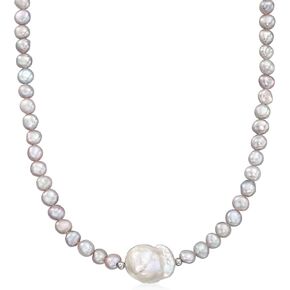 Ross-Simons 6-6.5mm Gray and 14-16mm White Cultured Baroque Pearl Necklace With Sterling Silver. 18 inches