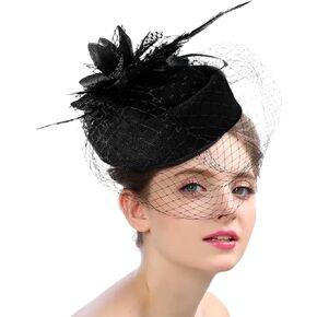 Fascinator Hat Women Veil Feather Fascinators Hair Clip 20s 50s Hats with Veil Vintage Pillbox Derby Hat Elegant Cocktail Tea Party Hat Fascinator Headband Bridal Wedding Headwear, Black(Black)
