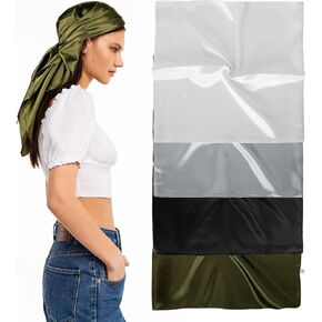 4Pcs 35 Inch Solid Satin Scarf Hair, Large White Square Hair Turban Silk Turban Sleeping Turban (Army Green, White, Black, Light Gray)