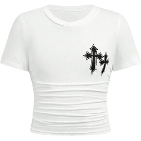 SHENHE Girl's Y2K Graphic Cross Print Ruched Short Sleeve Fitted Tee Shirt Summer Top