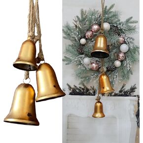 Christmas Bells 3-Piece Set of Handmade Rustic Cow Bell Vintage Decorative Bells Rustic 3 Sizes Gold Bell with Jute Rope for Hanging Christmas Ornaments Thanksgiving Home Decoration