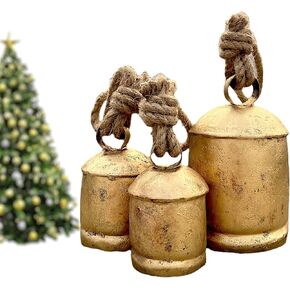 Shabby Chic Vintage Country Style Rustic Metal Christmas Bells for Decoration Hanging Farmhouse Décor Harmony Giant Cow Bells on Rope Set of 3