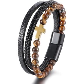 Cross Leather Bracelet for Men Braided Leather with Cross Layered Bracelets Mens Cuff Bracelets Trendy Jewelry Christian Gift Tiger's Eye Black 8.3 Inch