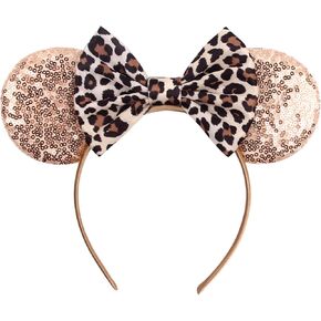 Leopard Mouse Ears Headband for Women - Princess Dress Hair Accessory and Park Decoration (ROSE GOLD)