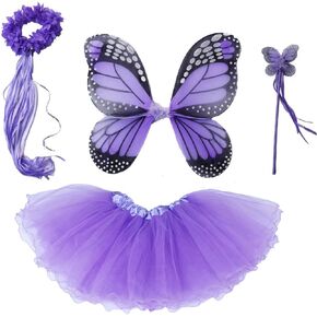 4 PC Girls Fairy Wings Butterfly Costume Set with Wings, Tutu, Wand & Halo