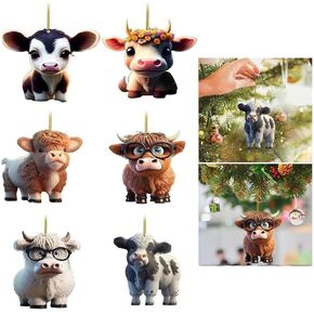 Cartoon Cow Decorative Hanging Ornaments for Christmas Tree,Cute Cartoon 2D Acrylic Highland Cow Pendants Christmas Tree Decorations(6 pcs)