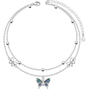 925 Sterling Silver Animals Floral Layered Anklet Lotus Flower/Butterfly/Sea Turtle Adjustable Charm Chain Bead Jewelry For Women