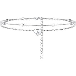 Silvora 925 Sterling Silver Anklets for Women Heart Anklet with Beaded Heart Initial Anklets for Women