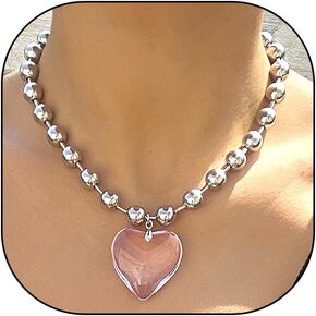 FUTIMELY Puffy Heart Beads Pendant Necklace for Women Chunky Transparent Glass Love Beaded Clavicle Chain Y2k Aesthetic Choker Charm Jewelry Gift Accessories
