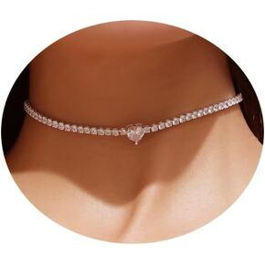 Tennis Necklaces for Women, Cubic Zirconia Necklace Dainty Silver Necklace, Sparkly Diamond Choker Necklace, Simple Everyday Jewelry Accessory for Her