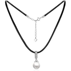 Sterling Silver Pearl Choker Necklace Faux Leather Cord Chain Pearl Jewelry Gift for Women,14+2", (Pearl Choker)