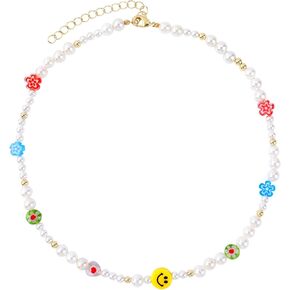 Pearl Necklace for Women Girls, Paper Clip Half Link Cross Disco Ball Pearl Chain Necklaces, Pearl Choker Chunky Necklace Dainty Pearl Chain OT Necklace Fashion Trendy Jewelry Birthday Gifts for Her