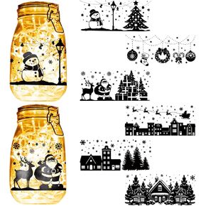 CREATCABIN 6PCS Christmas Silhouettes Cutouts Mason Jar Cutouts Lamp Film Santa Claus Snowflakes Scrapbook Waterproof PVC Lantern Jar Decoration for Wall Windows Frosted Glass Jars Crafts 3.5x7.9in