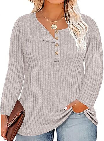 RITERA Plus Size Tops for Women Henley Button Up Long Sleeve Crewneck Sweater Tshirts Pullover Tunic Fall XL-5XL 14W 16W in Saudi Arabia