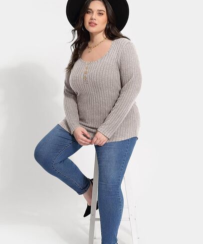 RITERA Plus Size Tops for Women Henley Button Up Long Sleeve Crewneck Sweater Tshirts Pullover Tunic Fall XL-5XL 14W 16W in Saudi Arabia