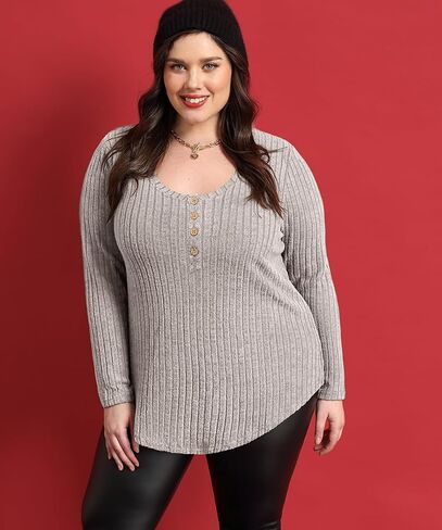RITERA Plus Size Tops for Women Henley Button Up Long Sleeve Crewneck Sweater Tshirts Pullover Tunic Fall XL-5XL 14W 16W in Saudi Arabia