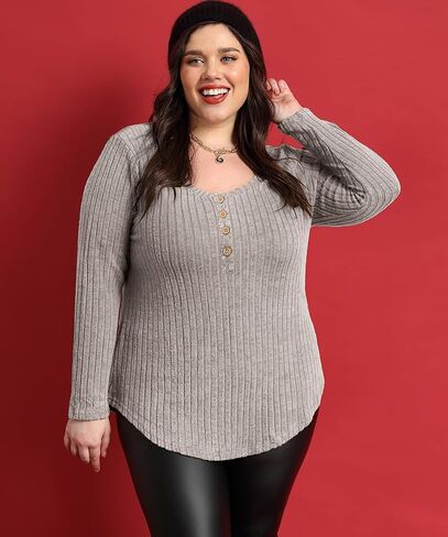 RITERA Plus Size Tops for Women Henley Button Up Long Sleeve Crewneck Sweater Tshirts Pullover Tunic Fall XL-5XL 14W 16W in Saudi Arabia