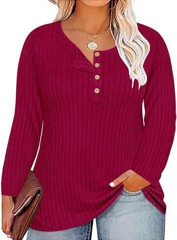 RITERA Plus Size Tops for Women Henley Button Up Long Sleeve Crewneck Sweater Tshirts Pullover Tunic Fall XL-5XL 14W 16W in Saudi Arabia