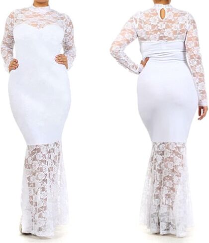 832 - Plus Size Mermaid Lace Maxi Long Sleeves Maxi Cocktail Wedding Prom Evening Dress Gown in Kuwait