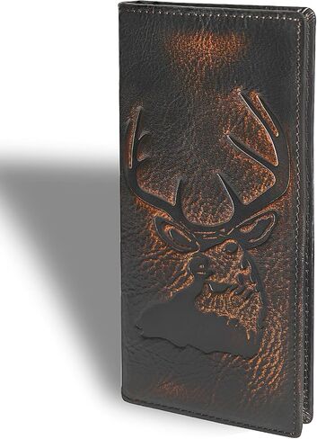 DK86 Deer Long Wallet For Men Full Grain Leather with Hand Burnished Rfid Blocking Rodeo Wallet Bifold Wallet Deer Wallet, Black and Orange in Saudi Arabia