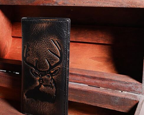 DK86 Deer Long Wallet For Men Full Grain Leather with Hand Burnished Rfid Blocking Rodeo Wallet Bifold Wallet Deer Wallet, Black and Orange in Saudi Arabia