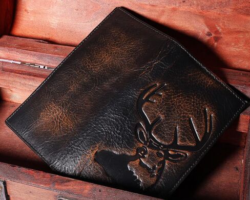 DK86 Deer Long Wallet For Men Full Grain Leather with Hand Burnished Rfid Blocking Rodeo Wallet Bifold Wallet Deer Wallet, Black and Orange in Saudi Arabia