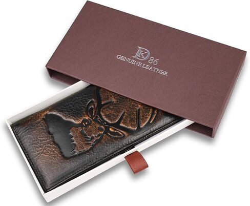 DK86 Deer Long Wallet For Men Full Grain Leather with Hand Burnished Rfid Blocking Rodeo Wallet Bifold Wallet Deer Wallet, Black and Orange in Saudi Arabia