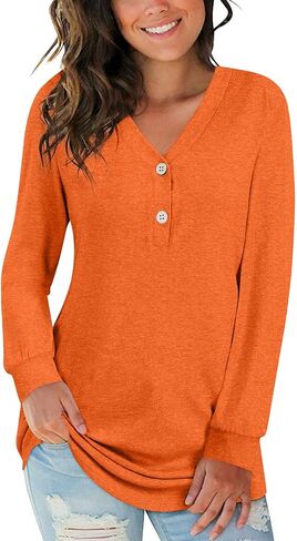 BISHUIGE Womens Button T-Shirts Long Sleeve Henley Tunic Tops V-Neck Casual Sweatshirt in Saudi Arabia