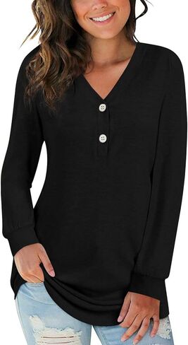 BISHUIGE Womens Button T-Shirts Long Sleeve Henley Tunic Tops V-Neck Casual Sweatshirt in Saudi Arabia