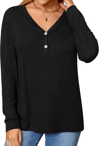 BISHUIGE Womens Button T-Shirts Long Sleeve Henley Tunic Tops V-Neck Casual Sweatshirt in Saudi Arabia