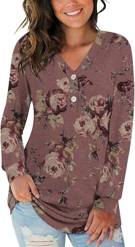 BISHUIGE Womens Button T-Shirts Long Sleeve Henley Tunic Tops V-Neck Casual Sweatshirt in Kuwait