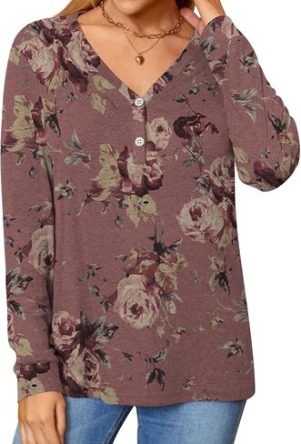 BISHUIGE Womens Button T-Shirts Long Sleeve Henley Tunic Tops V-Neck Casual Sweatshirt in Kuwait