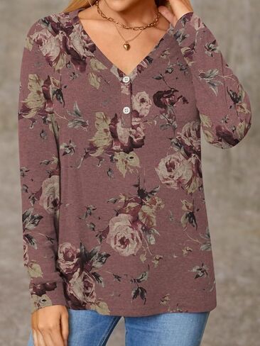 BISHUIGE Womens Button T-Shirts Long Sleeve Henley Tunic Tops V-Neck Casual Sweatshirt in Kuwait